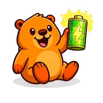 Dozer the bear hugging a charged battery