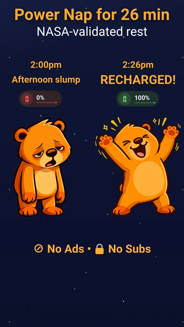 Nap & Recharge Android app: 26-minute power nap from afternoon slump to recharged, no ads and no subscriptions