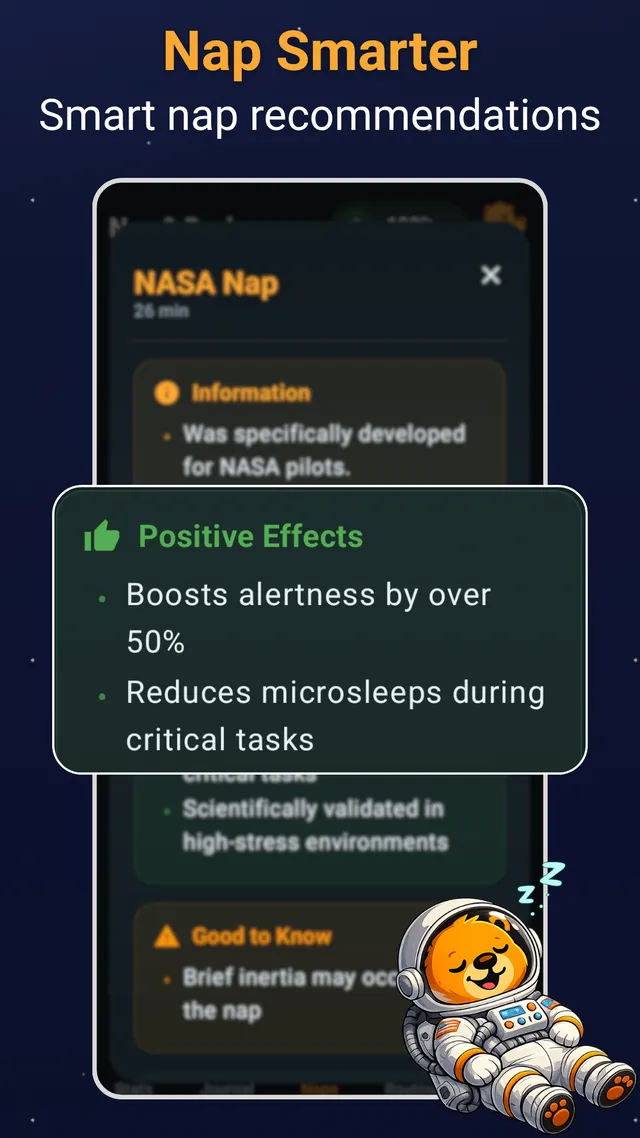 NASA Nap detail screen in the Nap & Recharge app with background information on the 26-minute nap