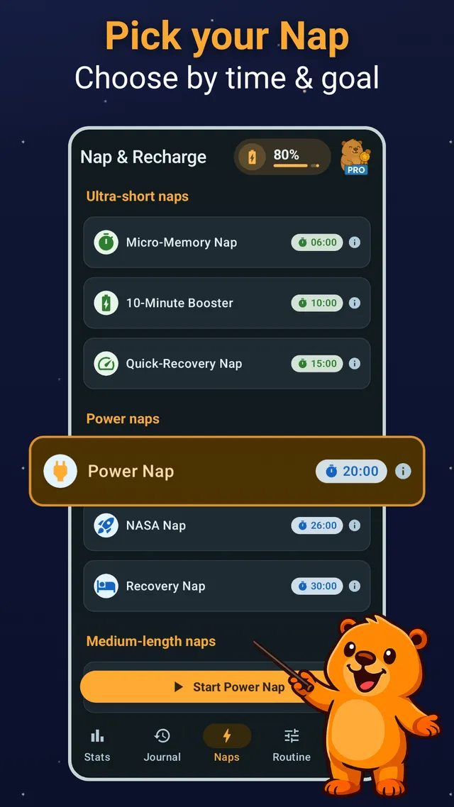 Nap list with ultra-short naps, a 20-minute power nap, the NASA nap and longer recovery naps