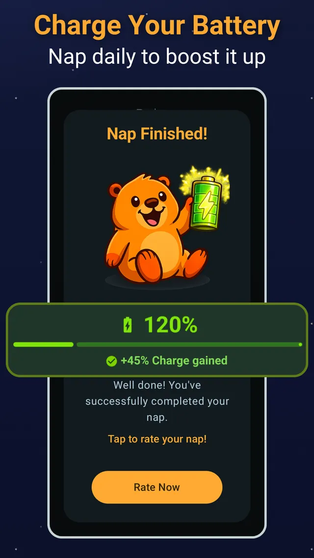 Nap finished screen showing the energy battery charged to 120 percent