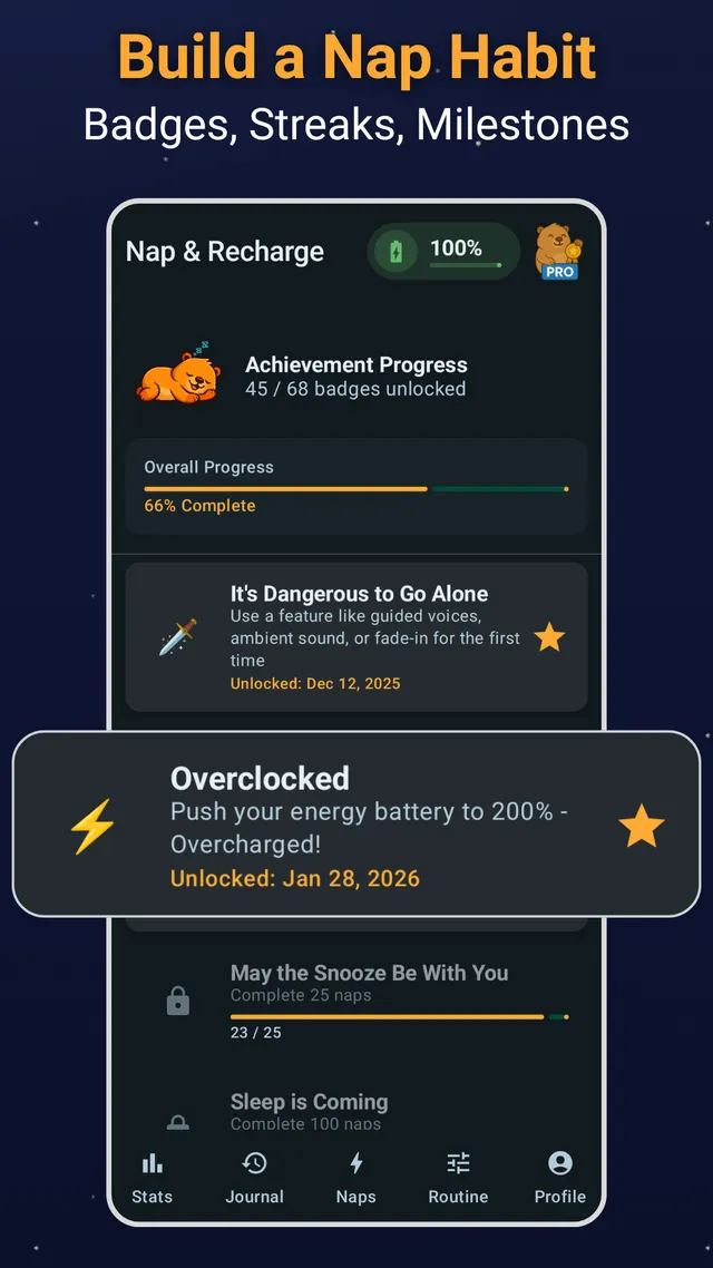 Achievements screen with nap badges, streaks and milestones